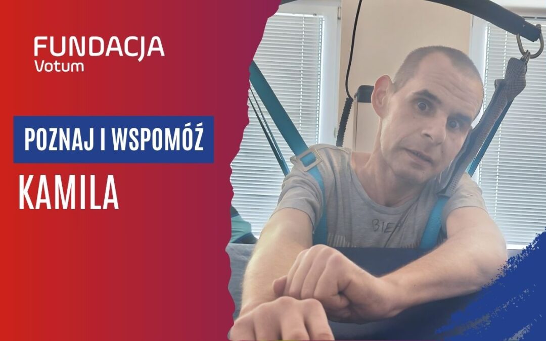 Fundacja Votum banner inviting viewers to meet and support Kamila; Polish text on left and a man in a harness on the right.
