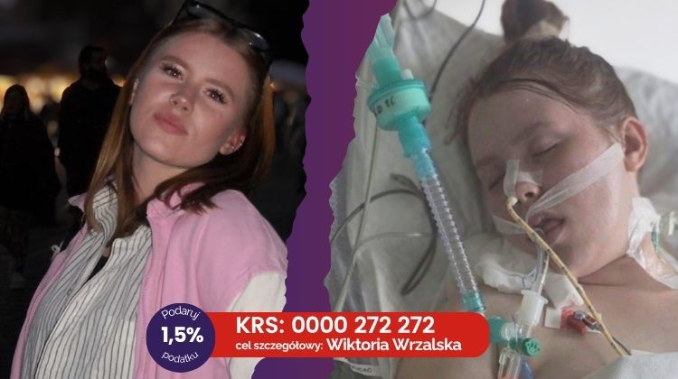 Hospitalized man connected to tubes in a hospital bed; charity banner on the left reads 'Poznaj i wspomóż Marka' for Fundacja Votum.