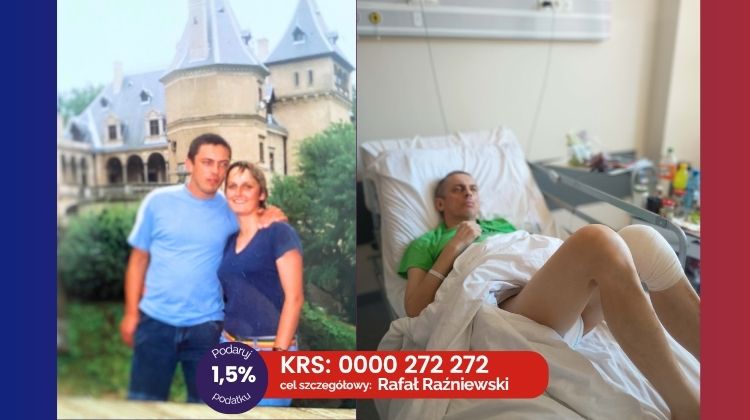 Hospitalized man connected to tubes in a hospital bed; charity banner on the left reads 'Poznaj i wspomóż Marka' for Fundacja Votum.