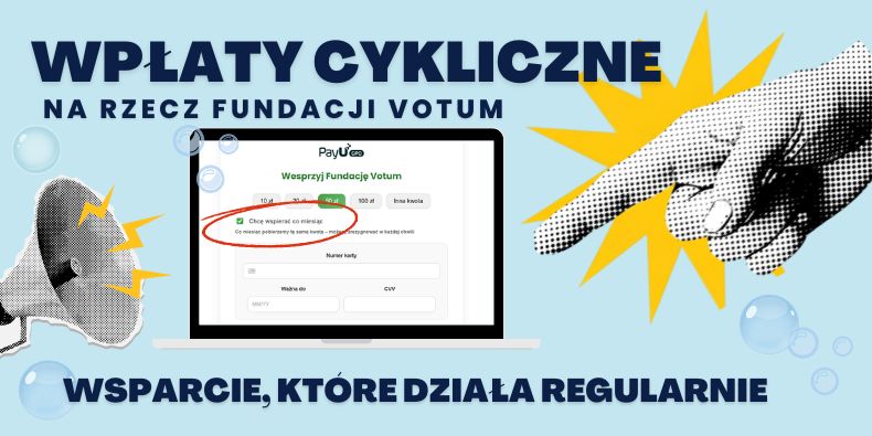 Banner promoting cyclic donations for the Fundacja Votum with a laptop image and bold Polish text: 'Wplaty cykliczne na rzecz Fundacji Votum' and 'Wsparcie, które działa regularnie'.